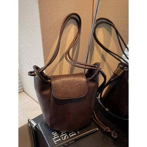 Vintage PU Leather Bucket Bag For Women Minimalist Flap Crossbody Shoulder Purse Daily Fashion Solid Color Handbag
