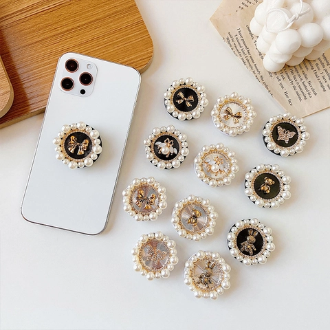 Artificial Pearl Rhinestone Phone Grip Tok Expanding Air Cushion Stand Butterfly Bee Bear Rabbit Retro Elegant Universal Holder