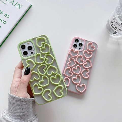 iPhone Case 3D Hollow Heart Protective Cover Semi Transparent Frosted TPU PC Shockproof INS Style Cute For Girls