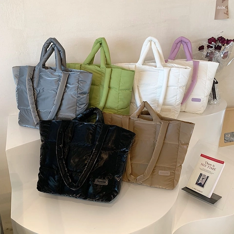 Borsa Tote Trapuntata Grande Capacità Nylon Leggero Imbottito Borsa A Mano Per Donna Inverno Casual Viaggio