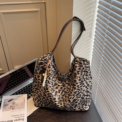 Leopard Print Canvas Tote Bag Large Capacity Urban Casual Shoulder Handbag With Bead Tassel For Women