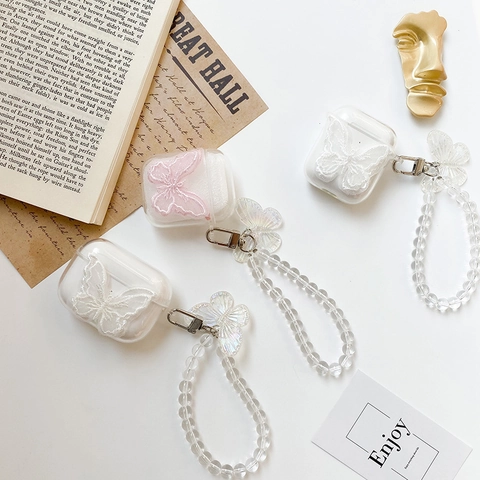 Butterfly Embroidery Earphone Case Cover Transparent TPU With Artificial Pearl Bead Wrist Strap Elegant Fairy Protective Shell Women