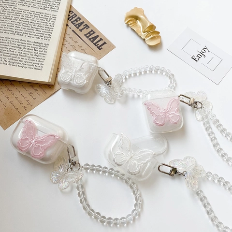 Butterfly Embroidery Earphone Case Cover Transparent TPU With Artificial Pearl Bead Wrist Strap Elegant Fairy Protective Shell Women