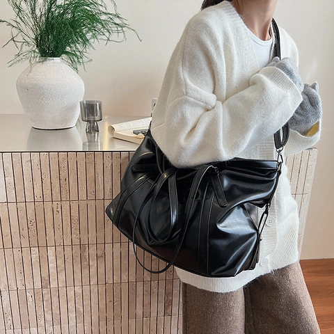 Grote Capaciteit Tote Bag PU Leer Retro Minimalistische Schoudertas Voor Dames Dagelijks Woon-Werkverkeer Handtas