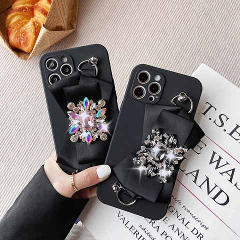 Luxe IPhone Hoesje Met Grote Satijnen Strik Strass Juwelen TPU Beschermhoes Met Metalen Ringhouder Voor Dames