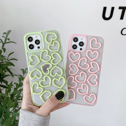 Funda iPhone Corazón Hueco 3D Carcasa Protectora Semi Transparente Mate TPU PC Antigolpes Estilo INS Bonita