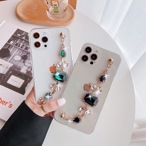 Funda De Lujo Para Teléfono Con Cadena De Diamantes De Imitación Y Gemas Transparente Acrílico TPU Con Cristal De Aleación Elegante