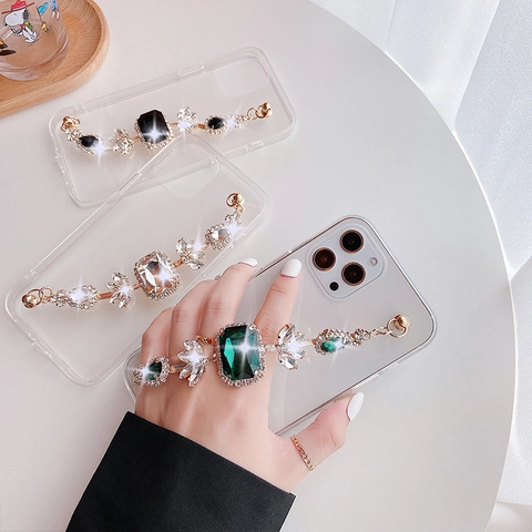 Funda De Lujo Para Teléfono Con Cadena De Diamantes De Imitación Y Gemas Transparente Acrílico TPU Con Cristal De Aleación Elegante