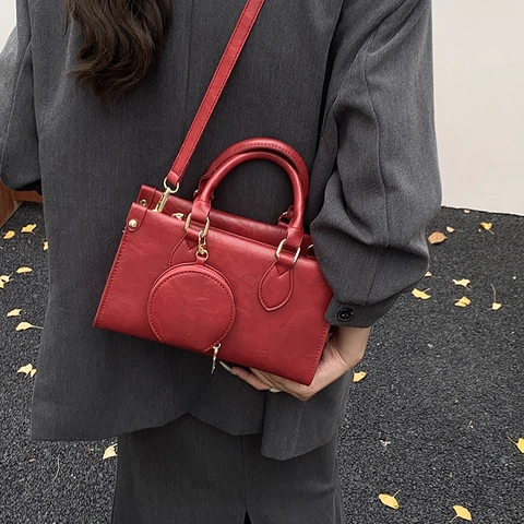 Retro Women Shoulder Bag PU Leather Crossbody Handbag With Round Coin Purse Pendant Simple Elegant Solid Color