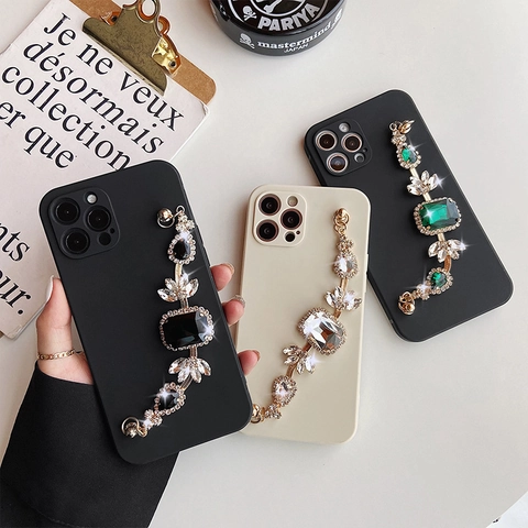 Custodia Per Telefono Di Lusso Con Catena Bracciale In Strass E Gemme Cinturino Da Polso In TPU Cover Protettiva Vintage Per Donne