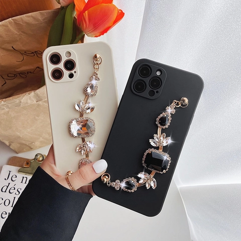 Custodia Per Telefono Di Lusso Con Catena Bracciale In Strass E Gemme Cinturino Da Polso In TPU Cover Protettiva Vintage Per Donne