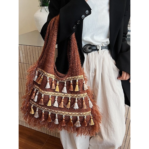 Retro Bohemian Knit Tote Bag With Multi Color Tassels And Feather Fringe Large Capacity Slouchy Ethnic Shoulder Bag