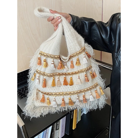 Retro Bohemian Knit Tote Bag With Multi Color Tassels And Feather Fringe Large Capacity Slouchy Ethnic Shoulder Bag