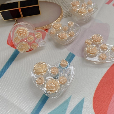 Heart Shaped Cell Phone Grip Griptok Stand Transparent Resin 3D Rose Flower Butterfly Relief Romantic Vintage Accessory