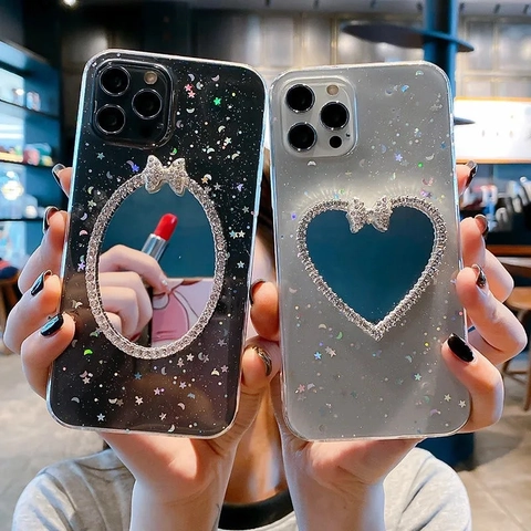 Coque iPhone Avec Miroir De Maquillage En Strass Et Nœud Transparente Paillettes Étoiles Lune Luxueuse Étui De Protection Pour Filles