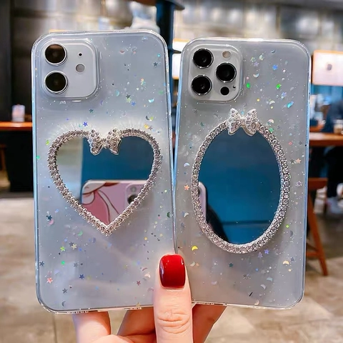 Coque iPhone Avec Miroir De Maquillage En Strass Et Nœud Transparente Paillettes Étoiles Lune Luxueuse Étui De Protection Pour Filles