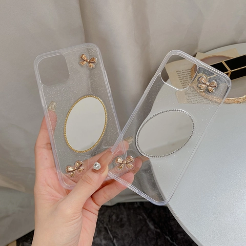 Glitter TPU Phone Case With Makeup Mirror And Metal Bow Knot Aesthetic Sparkly Protective Cover For Women