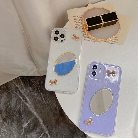 Glitter TPU Phone Case With Makeup Mirror And Metal Bow Knot Aesthetic Sparkly Protective Cover For Women