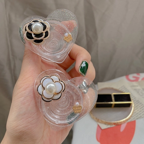 Supporto Per Telefono Cuore Camelia Glitter Trasparente Resina Supporto Pop Socket Con Perla Artificial Elegante Accessorio
