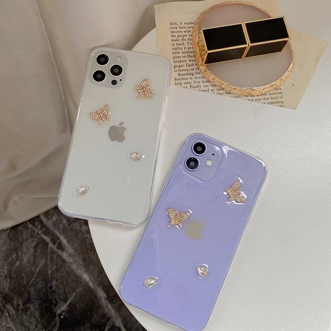 Butterfly Rhinestone Phone Case Transparent Glitter TPU Back Cover Sparkly Luxury Elegant Design For Women Girls