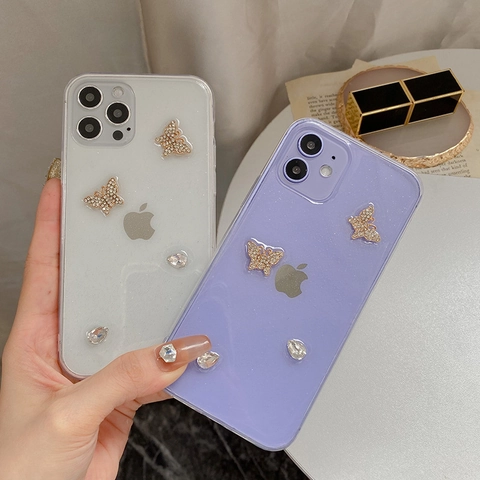 Butterfly Rhinestone Phone Case Transparent Glitter TPU Back Cover Sparkly Luxury Elegant Design For Women Girls