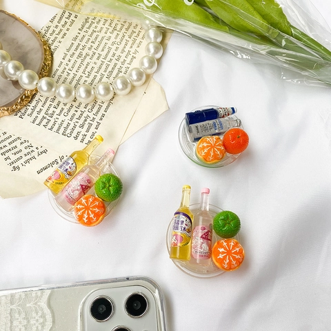 3D Miniature Beverage Bottle Fruit Resin Phone Grip Tok Expandable Airbag Finger Stand Universal Folding Smartphone Holder