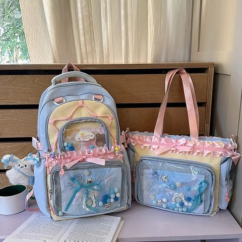 Zaino E Borsa A Tracolla Kawaii Ita Stile Giapponese Fiocco Pizzo Finestra Trasparente Studente Scuola Nylon