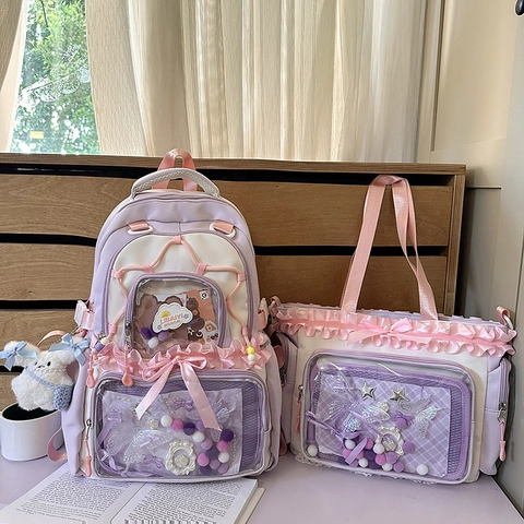 Zaino E Borsa A Tracolla Kawaii Ita Stile Giapponese Fiocco Pizzo Finestra Trasparente Studente Scuola Nylon