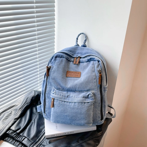 Sac À Dos En Jean À La Mode Grande Capacité Plusieurs Poches Sac D'école Décontracté Style Rétro Urbain Pour Femmes Hommes