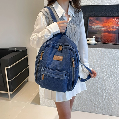 Sac À Dos En Jean À La Mode Grande Capacité Plusieurs Poches Sac D'école Décontracté Style Rétro Urbain Pour Femmes Hommes