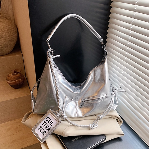 Hobo Tasche Glänzendes PU Leder Große Kapazität Schultertasche Mit Gewebtem Riemen Metallische Textur Geknittertes Design Für Damen Casual