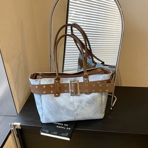 Grande Borsa Tote Vintage Da Donna In Pelle PU Borsa A Tracolla Con Cintura Decorativa E Occhielli Per Il Pendolarismo