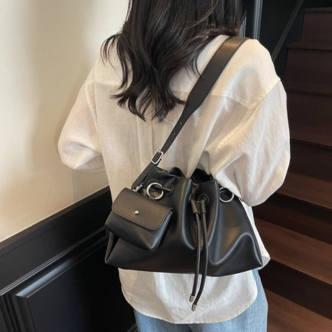 Women PU Leather Bucket Bag Minimalist Drawstring Shoulder Bag With Mini Pouch Large Capacity Solid Color