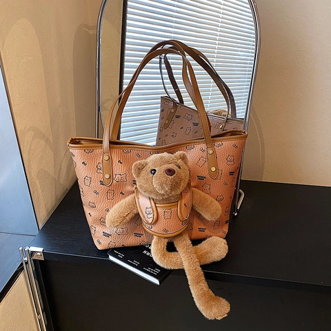 Kawaii Cartoon Bär Print Tote Bag Große Kapazität PU Leder Handtasche Mit 3D Plüschbär Dekoration Süße Umhängetasche