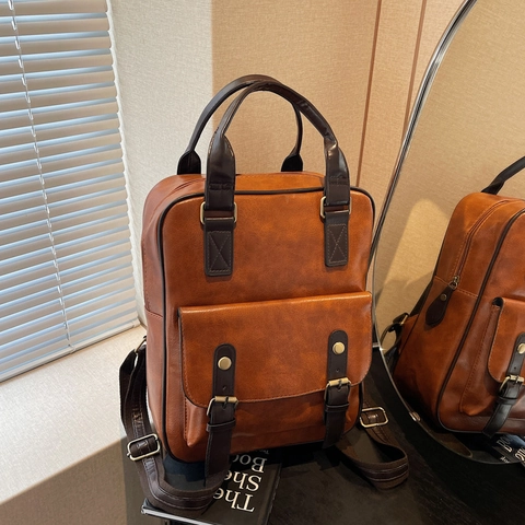Sac À Dos Sac À Main Vintage En Cuir PU Style Preppy Britannique Grande Capacité Bretelles Réglables Mode Femme Voyage
