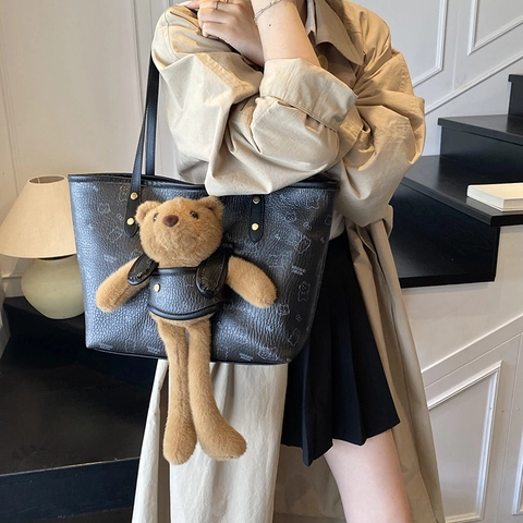 Kawaii Cartoon Bär Print Tote Bag Große Kapazität PU Leder Handtasche Mit 3D Plüschbär Dekoration Süße Umhängetasche