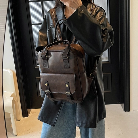 Sac À Dos Sac À Main Vintage En Cuir PU Style Preppy Britannique Grande Capacité Bretelles Réglables Mode Femme Voyage