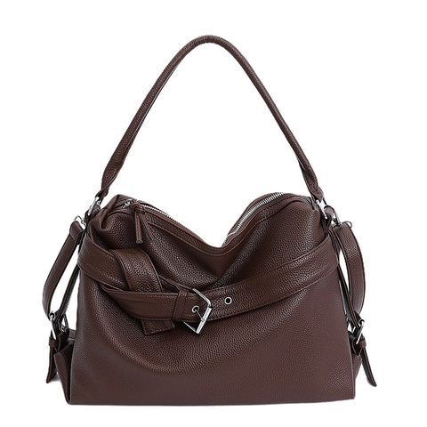 Vintage Shopper Tas PU Leer Met Litchi Korrel Grote Capaciteit Forens Y2K Motorstijl Zilveren Gesp Schoudertas Voor Dames