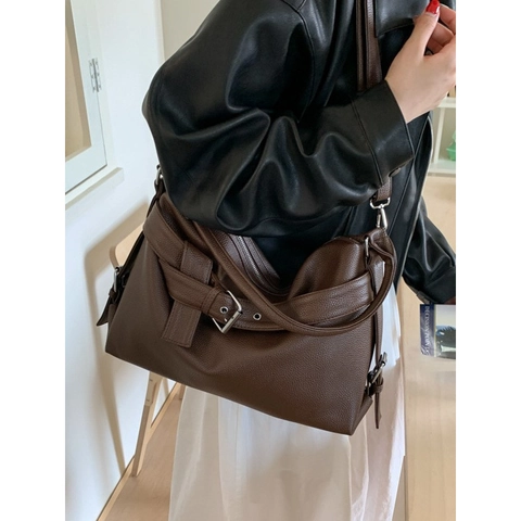 Vintage Shopper Tas PU Leer Met Litchi Korrel Grote Capaciteit Forens Y2K Motorstijl Zilveren Gesp Schoudertas Voor Dames