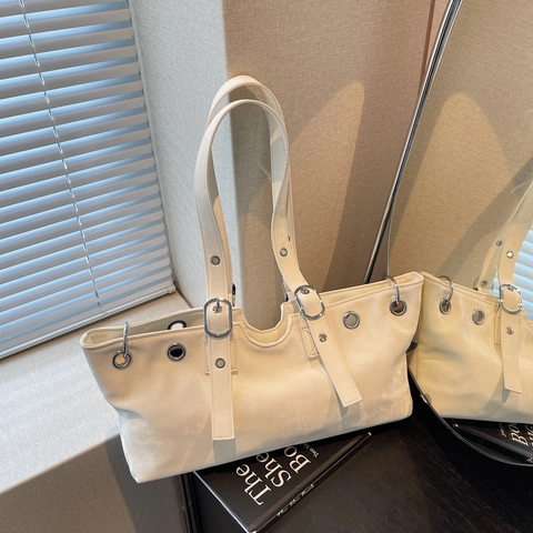 Borsa A Spalla In Pelle PU Retrò Con Occhielli In Metallo Argentato Cinturini Con Fibbia Regolabili Stile Punk Borsa Tote Donna