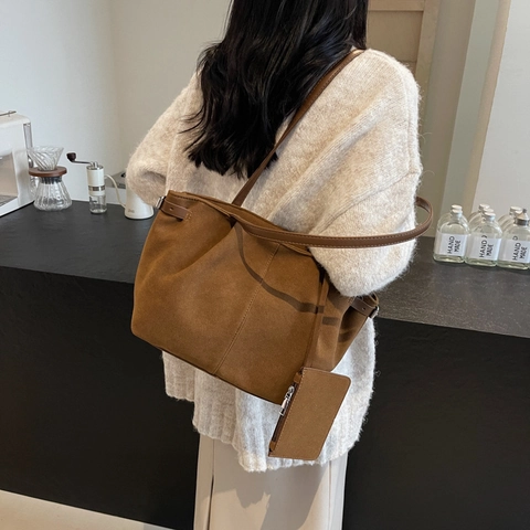Borsa Tote Vintage In Camoscio Donna Grande Capacità Borsa A Spalla Opaca Con Piccola Pochette Borsa A Mano Retrò Pendolare