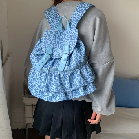 Zaino in Tela con Volant da Donna Grande Capacità Stampa a Pois e Leopardata Cartella per Studenti Stile Collegiale Borsa da Viaggio