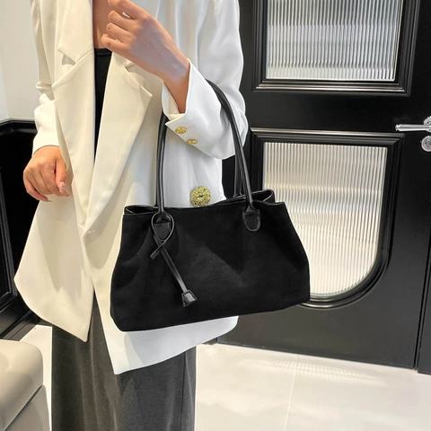 Retro Wildleder Schulter Totebag Für Damen Große Kapazität Vintage Unterarm Handtasche Mit Metallschnalle Pendler Stil
