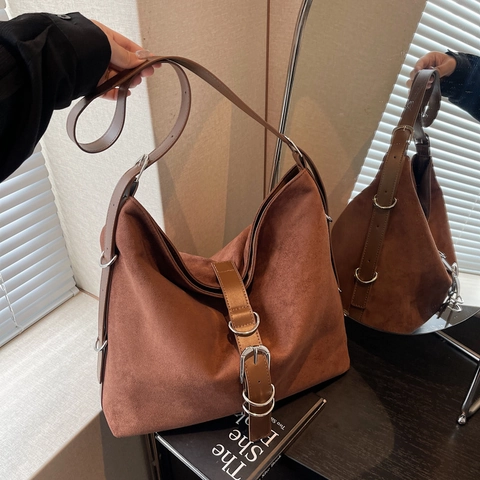 Borsa Tote Capiente Scamosciata Pelle PU Retro Minimalista Stile Coreano Borsa A Spalla Da Donna Per Lavoro E Casual