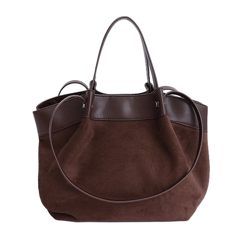 Large Capacity Tote Bag Women Faux Suede PU Leather Patchwork Retro Commuter Shoulder Handbag Vintage Minimalist Daily Bag