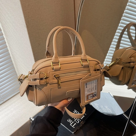 Women Retro PU Leather Boston Handbag Minimalist Bowling Crossbody Bag With Multi Zipper And Decorative ID Tag Accessory