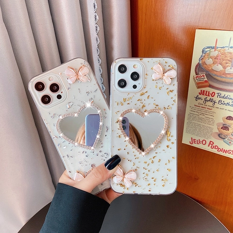 Custodia IPhone 16 15 14 Pro Max Specchio Cuore Farfalle 3D Foglia Oro Argento Strass TPU Cover Antiurto