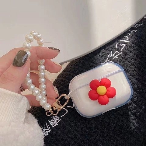 Transparent TPU Earphone Case Compatible With AirPods Pro 1 2 3 4 3D Red Flower And Artificial Pearl Lanyard Wrist Strap Cover