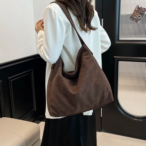 Retro Large Capacity Suede Shoulder Bag Leopard Print Solid Color Hobo Tote Women Casual Commute Autumn Fashion