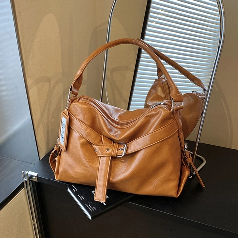 Large Capacity Tote Bag PU Leather Retro Simple Urban Commute Shoulder Bag With Belt Buckle Decor And Letter Tag For Women